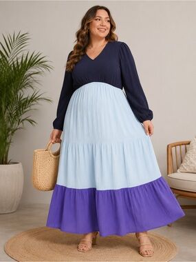 Lane Bryant Tiered Crepe Maxi Dress Blue Colorblock Long Sleeve V-Neck Plus 20P